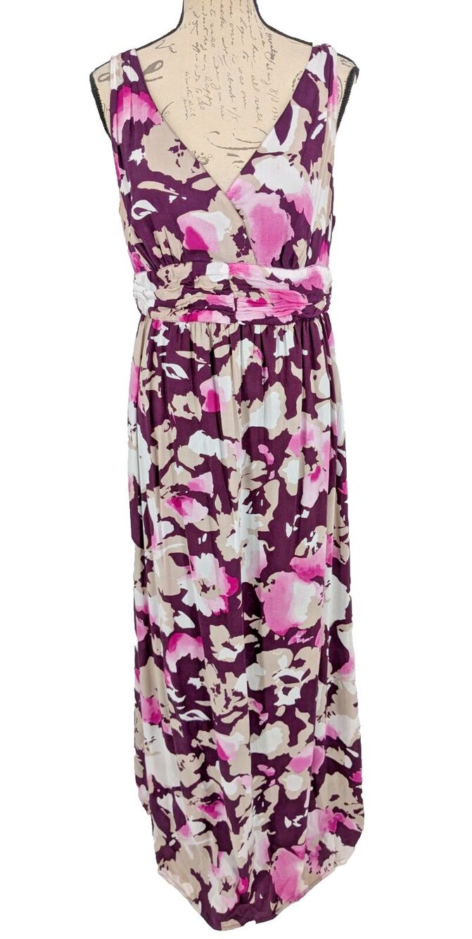 Old Navy Maxi Dress 10 Burgundy Cream Floral Halter Top Full Skirt Faux Wrap